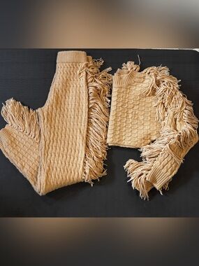 Fringed Cable-Knit Scoop Neck Sweater in Tan Set top and bottom